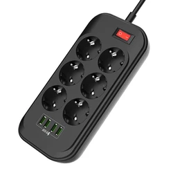 EU Plug Power Strip, 6 Outlets 4 USB Charging Ports 2500W Power Strip Flat Plug, 2M Extension Cord, for Home, Office, Computer