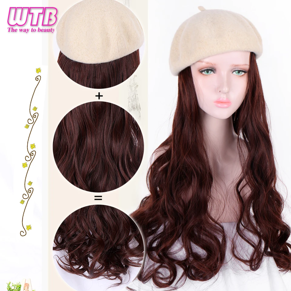 WTB длинные волнистые синтетические парики естественным образом подключения берет шляпа для девочек Высокая температура волокна стиль поддельные волосы аксессуары