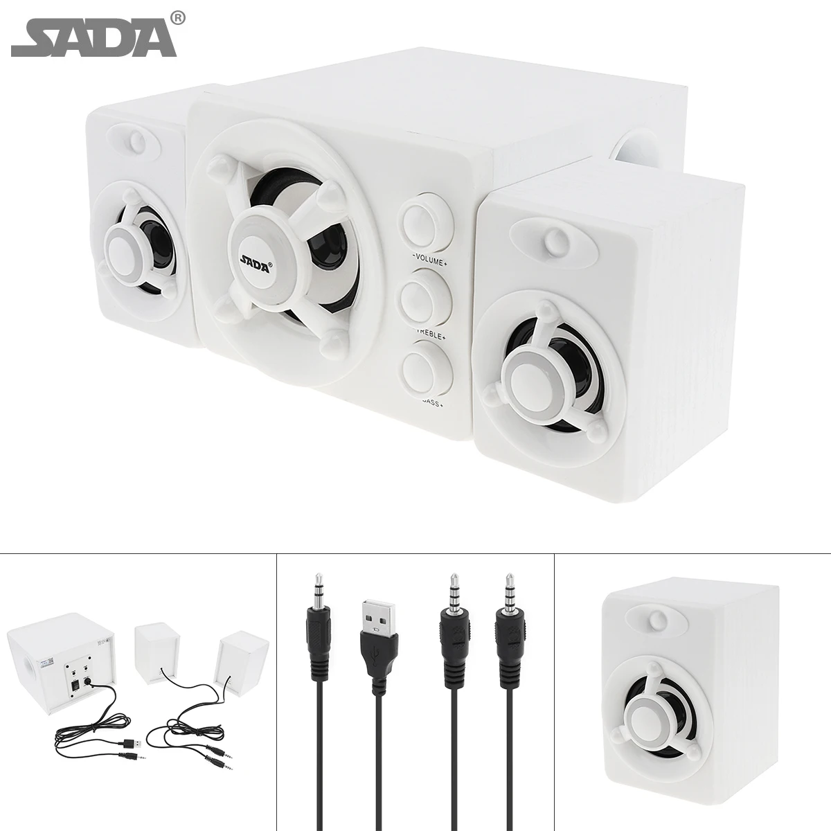 Mini White 3W Wooden 3D Surround Sound Subwoofer Music USB Computer Speaker with Luminescent Lamp for Desktop TV PC Smartphone |