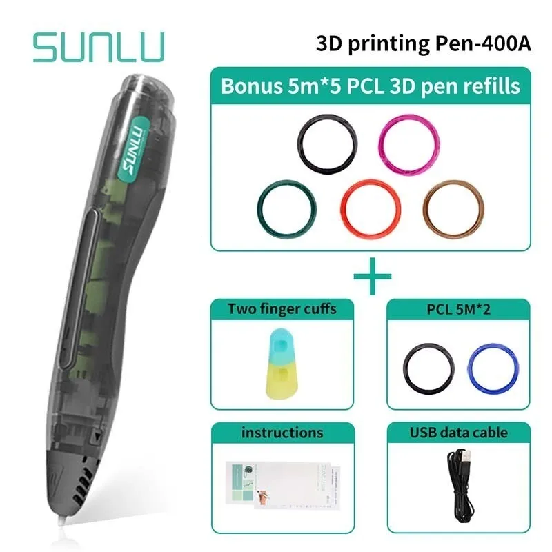 SUNLU 3D печать Ручка Черный Цвет Подарочная коробка набор для детей творческие игрушки для рисования Поддержка низкая температура PCL нити 1,75 мм