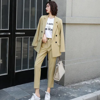 

Women's suit 2019 autumn and winter new fashion casual temperament Slim solid color single buckle small suit trousers two-piece