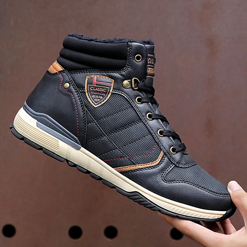 

Coturno High Top Mens Boots Leather Winter Snow Boots Men Waterproof With Fur Keep Warm Round Toe Timber Bootie Land Shoes Blue