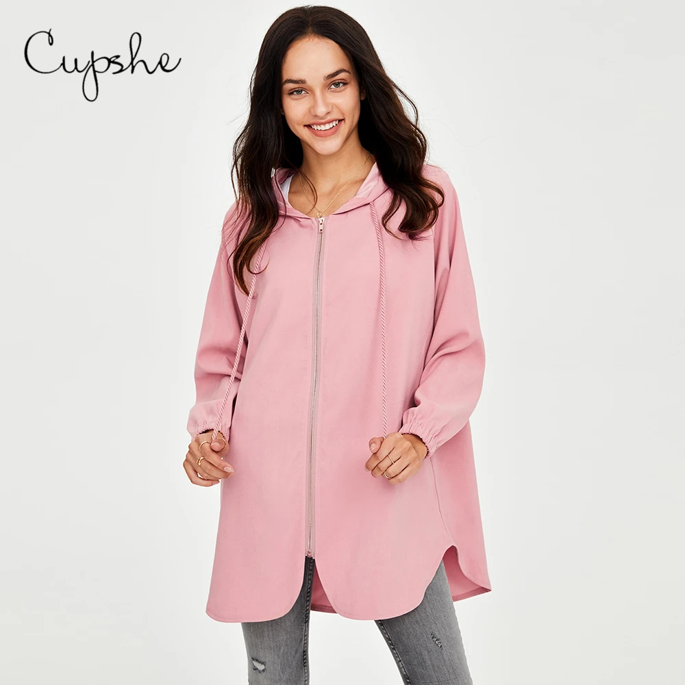 Best  CUPSHE Solid Pink Oversized Zip Hooded Coats Jackets Woman Casual Long Sleeve Sweatshirts 2019 Spri