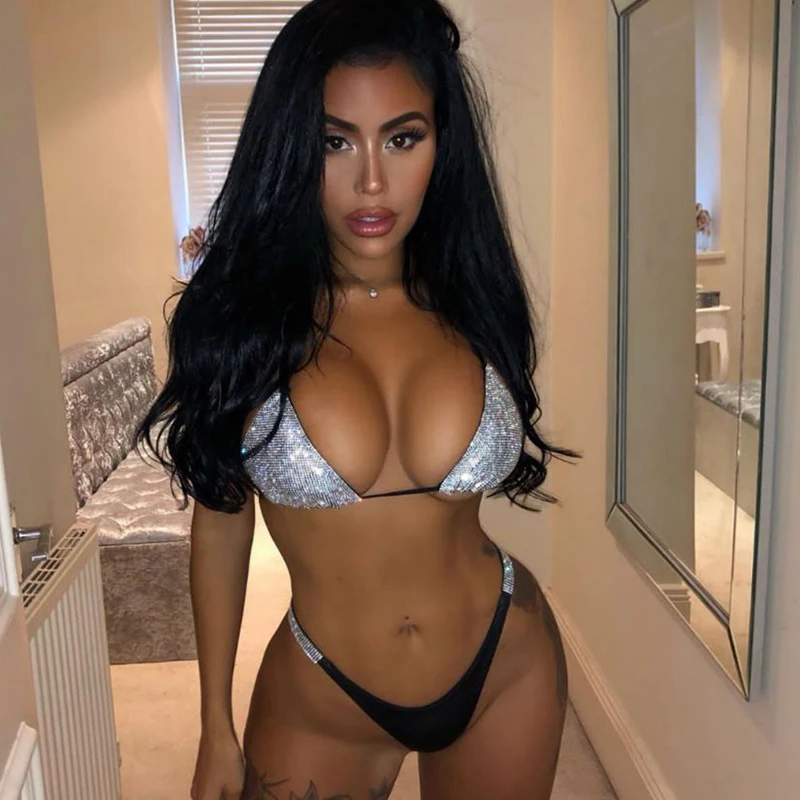 Ceny Luksusowe Bling Rhinestone Bikini Sliver zestaw 2019 kryształowy diament Sexy kobiety strój kąpielowy Halter Push Up bandażowy strój kąpielowy Bikini Set