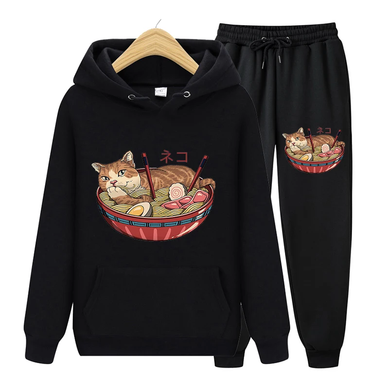 

Autumn Street Womens Casual Loose Hooded Sweater Black Long Sleeve Japan Funny Big Wave Ramen Pattern Print Pullover Sweatshirts
