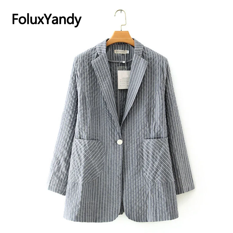 

Fashion Women's Blazer Striped Jacket Autumn Spring Outerwear Single Button Blazer Long Sleeve Plus Size Coats KKFY4815
