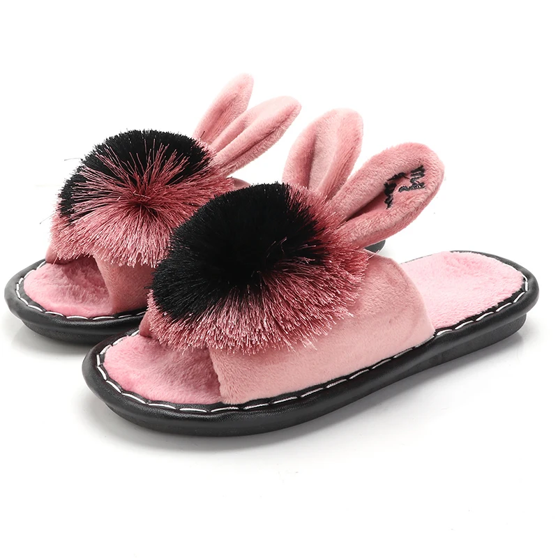 

Women's Winter Home Furry Rabbit Ears Cute Pink Indoor Pompom Ball Slippers Soft Comfort Footwear House Shoes Zapatos De Mujer