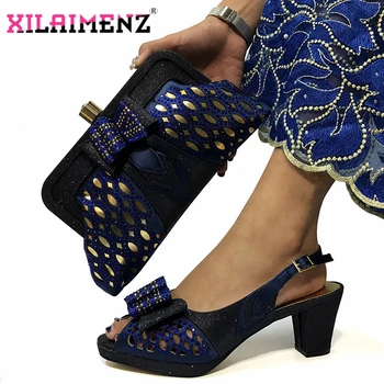 

Dark Blue High Quality African Woman Sandals Shoes With Purse Set Itallian Mature High Heels Shoes And Bag Set For Wedding Party
