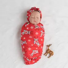 Новорожденные детские мягкие пижамы Рождество печать красный принт лося одеяла Пеленание младенца спальный мешок повязка на голову комплект
