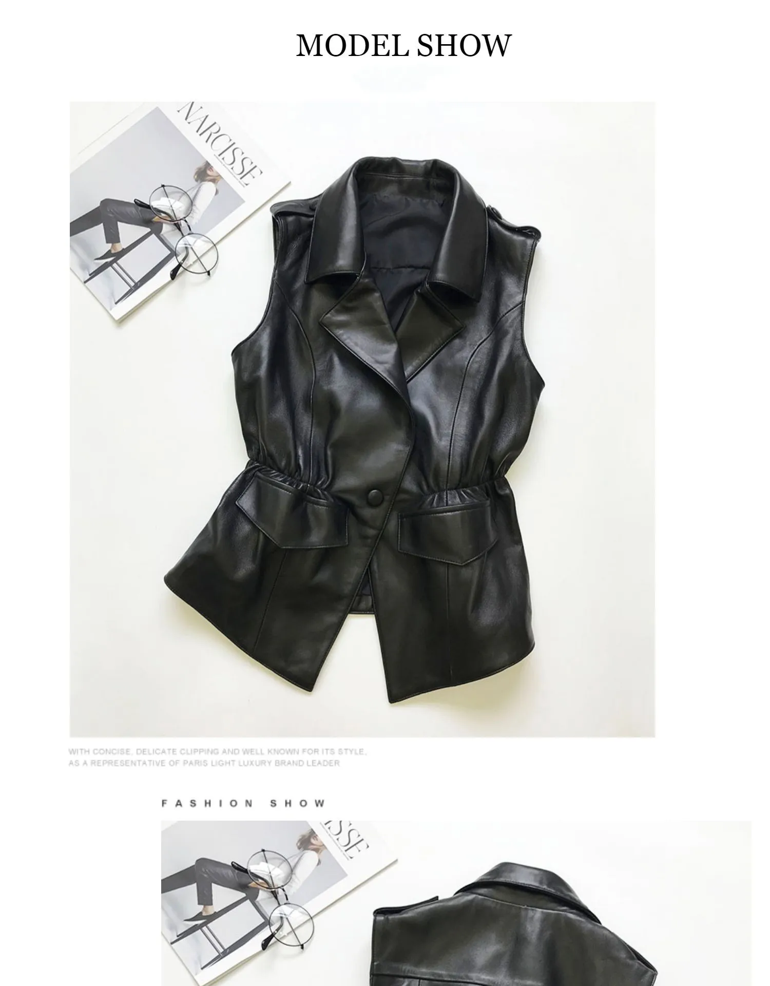 Leather Jacket V-neck De Couro Feminino Promotion Leather Vest Woman Suit Collar Elastic Waist Sleeveless Sheep Female New