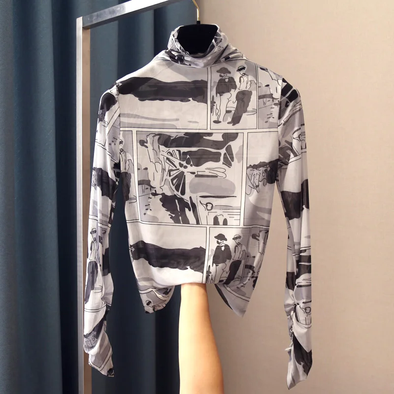 

2019 autumn new ink print pattern high collar pile collar temperament pleated long-sleeved slim stretch T-shirt