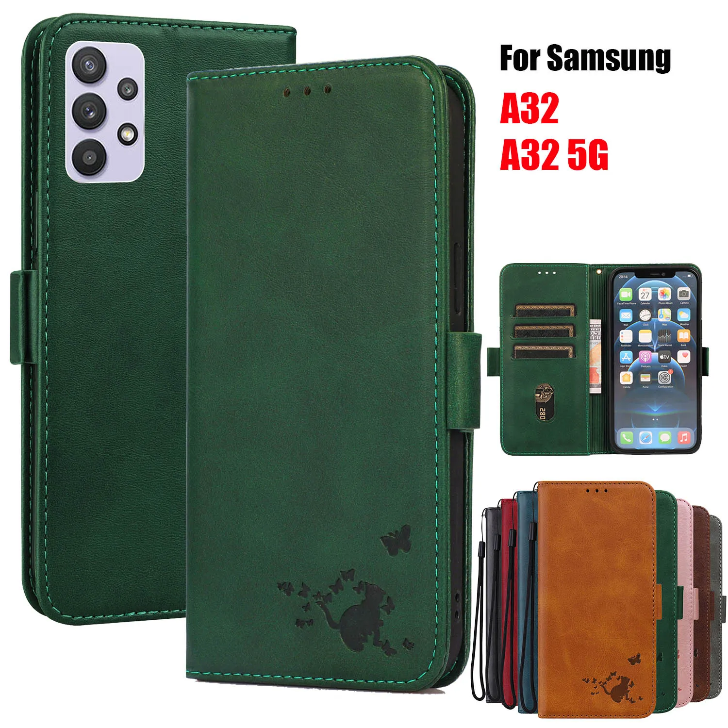 Flip Leather Cover for Samsung Galaxy A32 5G 4G Wallet Card Case with Strap Stand Soft