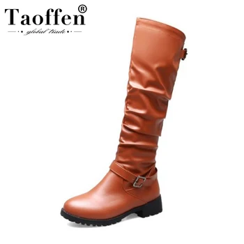 

TAOFFEN Big Size 33-46 Knee High Knight Boots For Women Low Heel Buckle Strap Footwear Winter Short Plush Warm Shoes