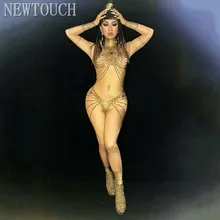 Сексуальный Золотой Танцевальный Комбинезон Блестящий Боди Сценическое Изнашивание женщин Праздновать Певицы Кристаллы One Piece Костюм Экипировка Боди