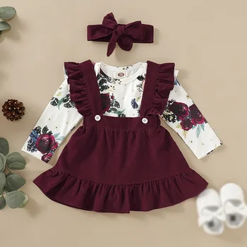 

3PCS Set Newborn Baby Girls Clothing Set Romper Jumpsuit Floral Tops+ Purple Ruffles Strap Dress Headband Outfits Set 0-18Months