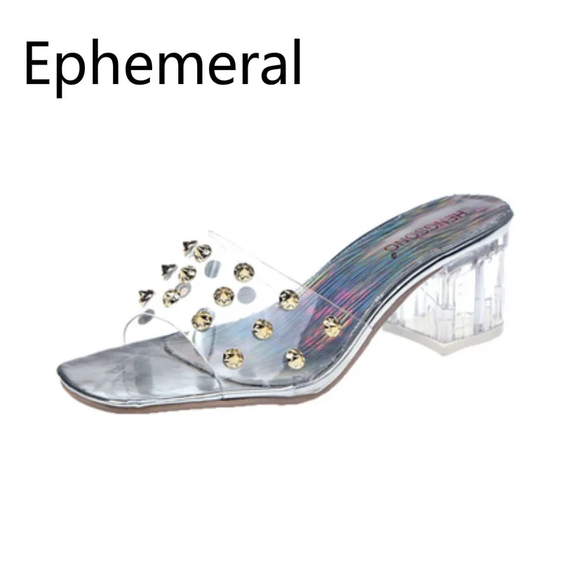 

2019 New Arrivals Transparent Slides Open Toe Luxury Crystal Med Heel Square Clear Slippers For Women High Heel Shoes Summer 46