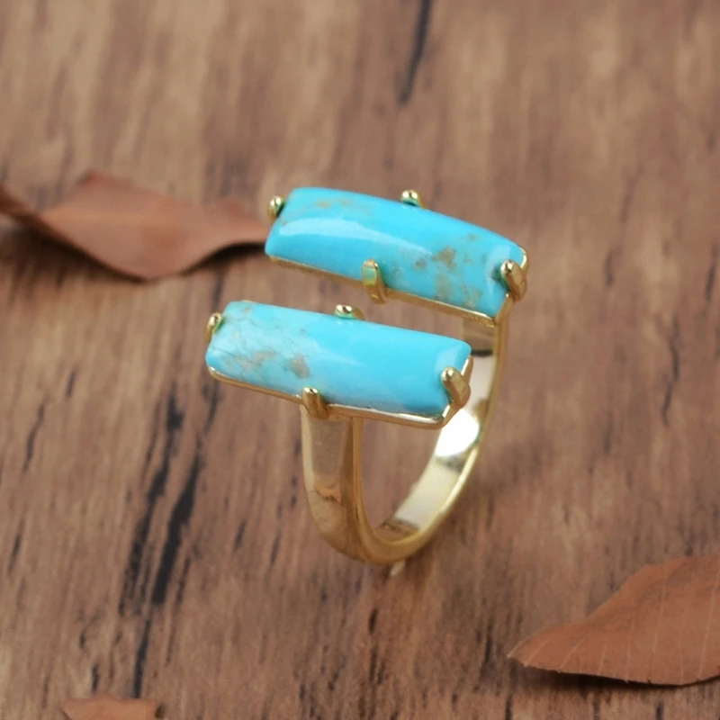 

Natural Turquoises Rectangle Rings Double Stone Blue Howlites Gold Women Ring Gems Adjustable Ring Party Ring Girls Gift Dopship