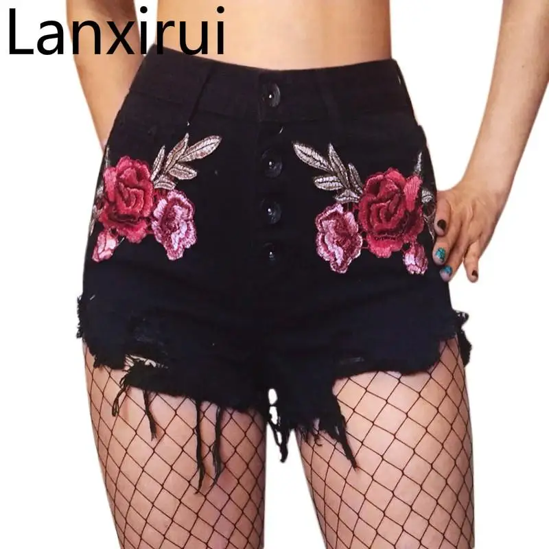 

Flower Embroidery Denim Shorts New Arrival Women 'S Black Vintage Tassel Ripped High Waist Shorts Punk Short Jeans 2110