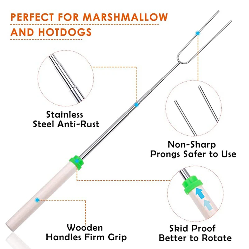 8PCS/LOT Marshmallow Roasting Sticks Stainless Steel Telescoping Hot Dog Smores Forks 32 Inch Extendable BBQ Forks For Fire Pit