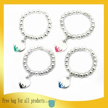 

1: 1 Original Model S925 Sterling Silver Bracelets Splash Enamel Heart-Shape 8mm Bead Bracelets Ladies Jewelry Birthday Gift
