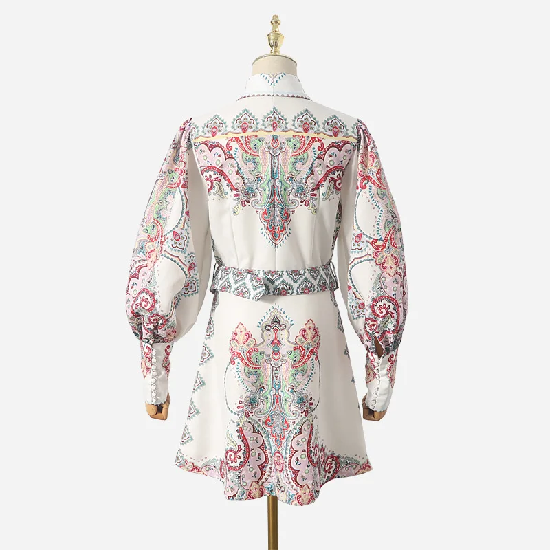 DEAT New Turn-down Collar Lantern Sleeves Printed High Waist Single Breasted Mini Length Dress Female Vestido WJ05209L