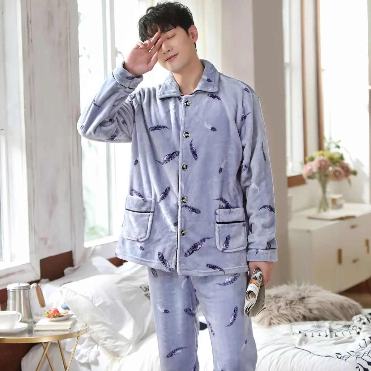 mens cotton pajama shorts Newest Men's Winter Thicken Warm Flannel Pajamas Sets Male Long Sleeve Plus Size Pajamas Sleepwear Homewear Casual Pyjama Pijama mens pjs