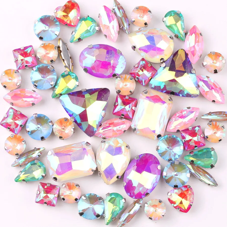 Silver Claw Setting Crystal Rhinestones - 50pcs Mixed Shapes, Clear & Jelly Candy AB