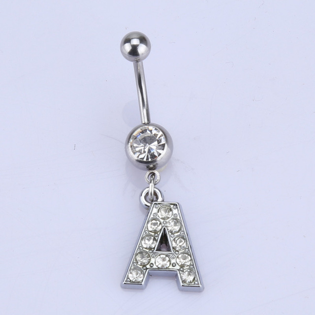 26 letter style Charming Body Piercing Crystal Rhinestone Inlaid Navel Belly Button Ring stainless steel jewelry