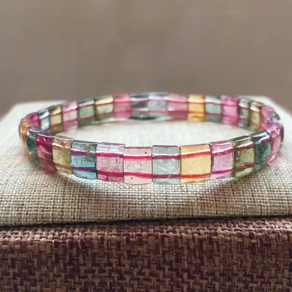 

Certificate Natural Colorful Tourmaline Rectangle Beads Bracelet 7.3mm Women Crystal Stretch Candy Tourmaline Stone AAAAA