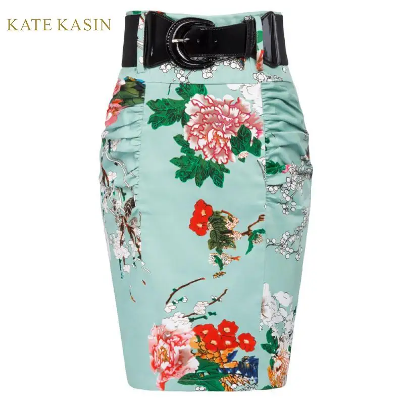 

Kate Kasin Office Lady Shirred Detail Floral Print Pencil Skirt With Wide Belt Women Formal Work Knee Length Bodycon Skirts 2019