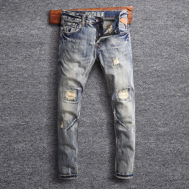 Модные уличные мужские джинсы высокого качества ретро вымоющиеся винтажные дизайнерские рваные джинсы мужские облегающие хип-хоп джинсы