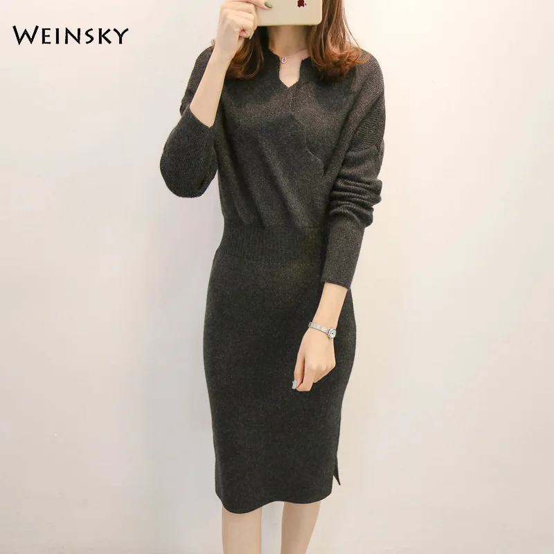 Женское винтажное стильное вязаное платье корейский стиль женский элегантное платье осень и зима новое платье-свитер - Цвет: Темно-серый