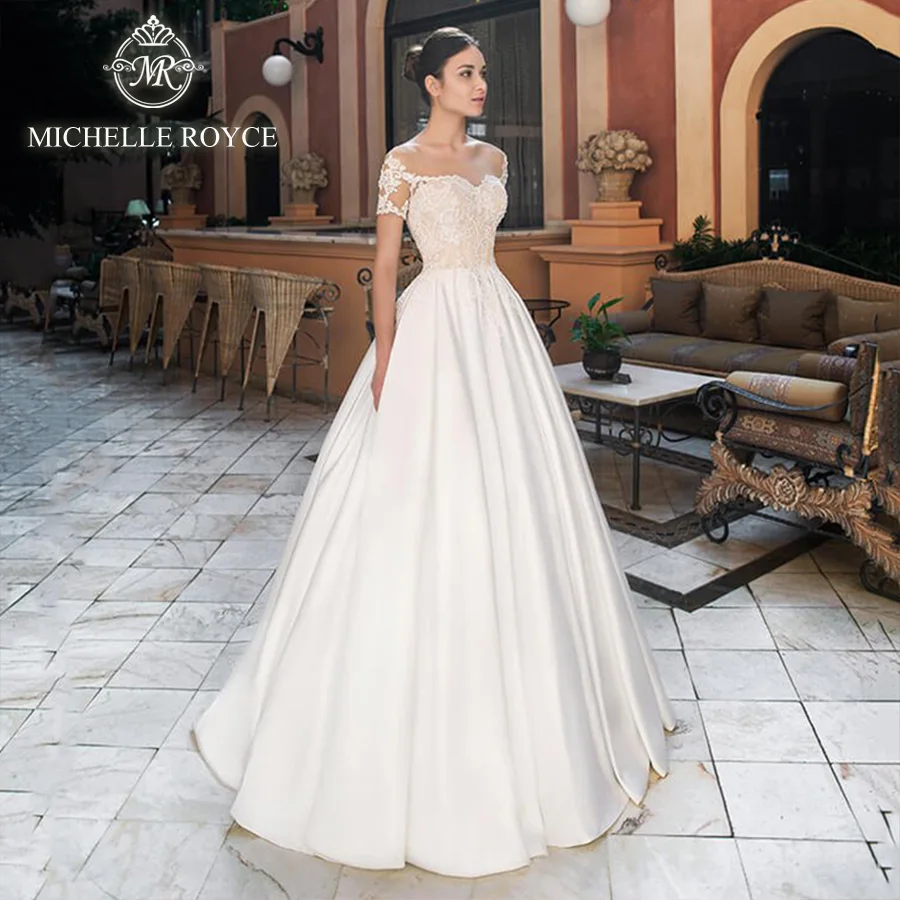 

Michelle Royce A-Line Wedding Dresses For Women 2024 Sweetheart Appliques Short Sleeve Court Train Wedding Gown Vestido De Novia