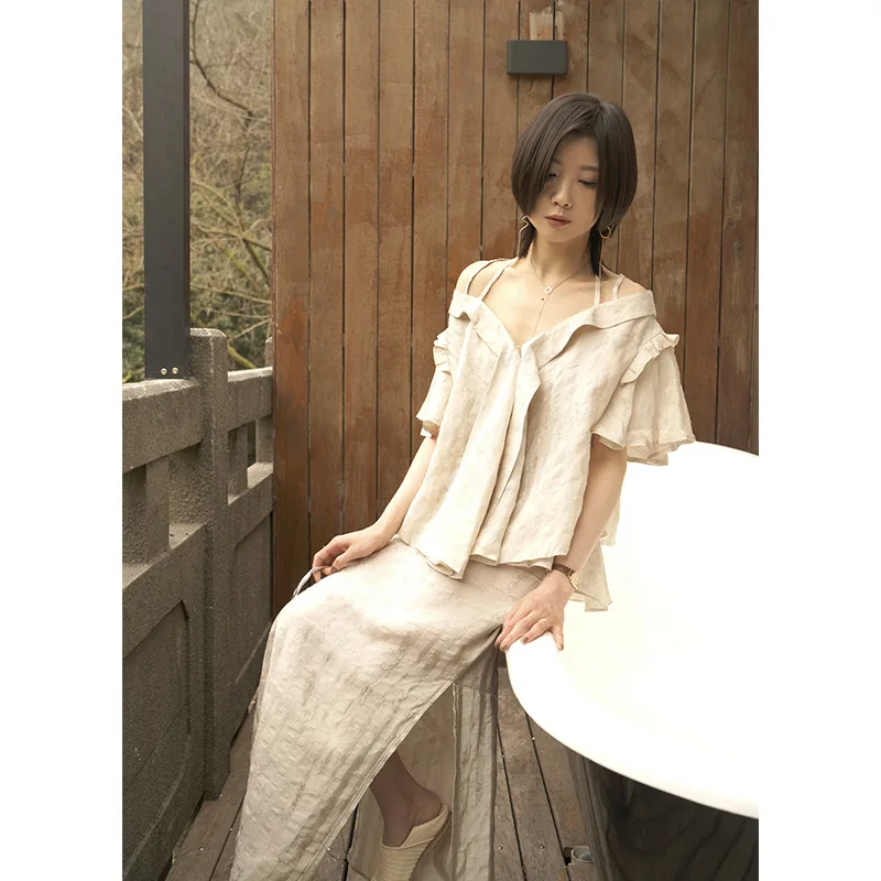 

Iliad Origional Design Spring New Style Ramie Rayon Jacquard Dark Stripes Fresh GIRL'S Shirt Naked Shoulder Tops