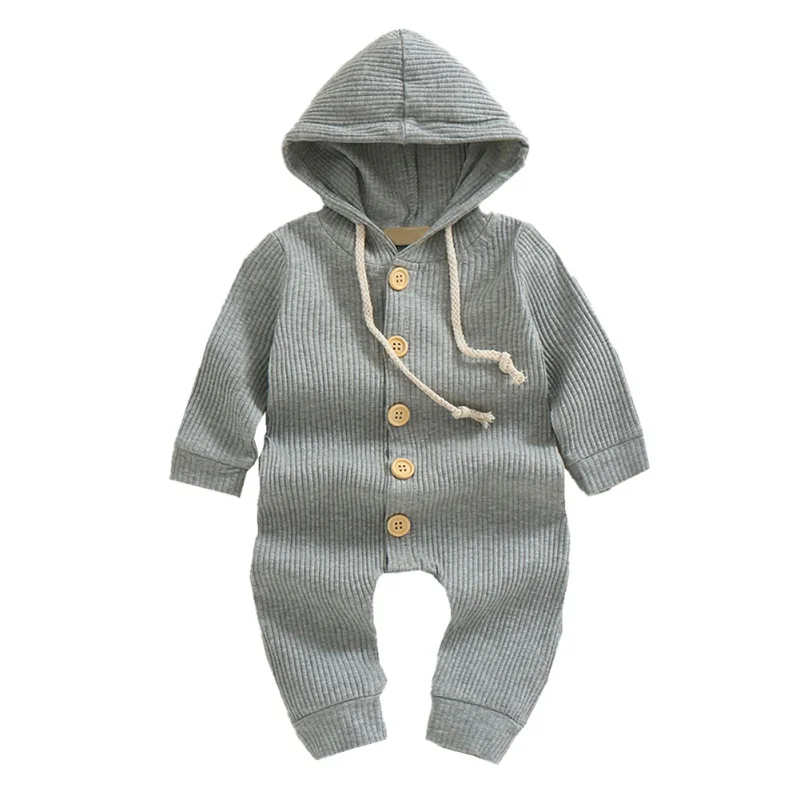 Baby Solid Romper Hooded Clothing Spring Autumn Newborn Knitted Cotton Romper Jumpsuit Baby Girl Boy Ribbed Clothes