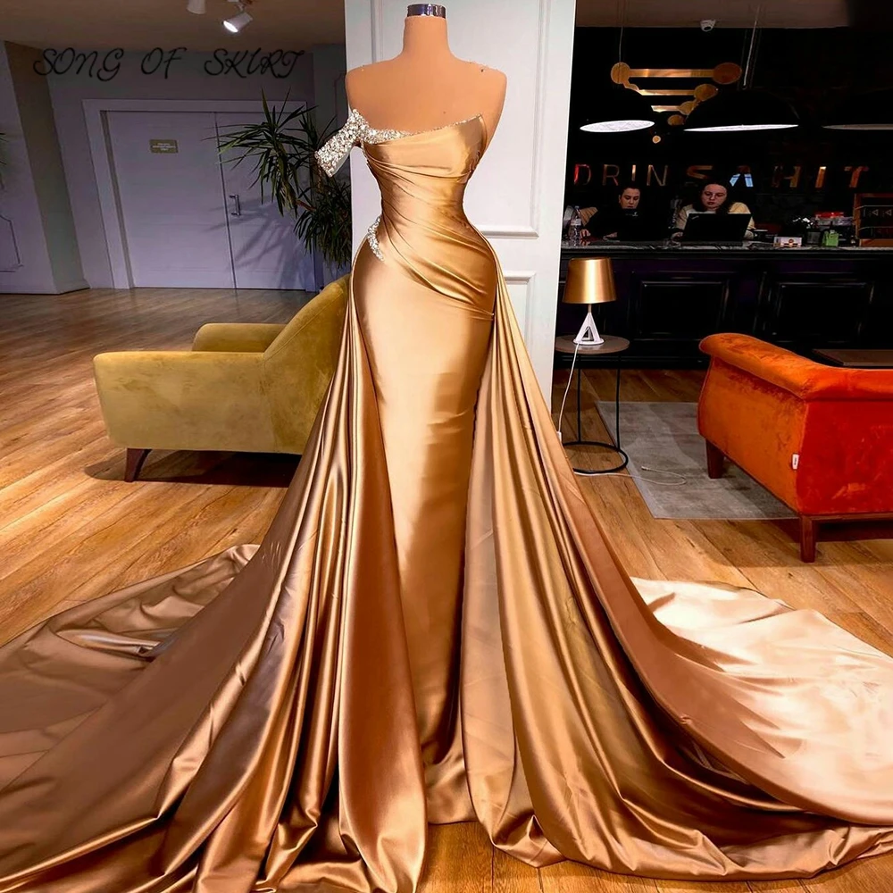 

One Shoulder Gold Mermaid Evening Dresses With Crystal Women Prom Gowns Custom Made Satin Reunion Gown Robes De Soirée Femme
