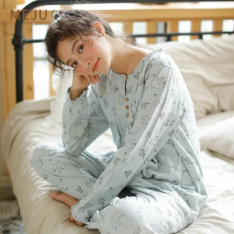 

Meju 2019 New Style Pajamas Women's Autumn Two-Piece Set Japanese-style Sweet Pure Cotton Long-sleeve Suit Fashion Home Wear