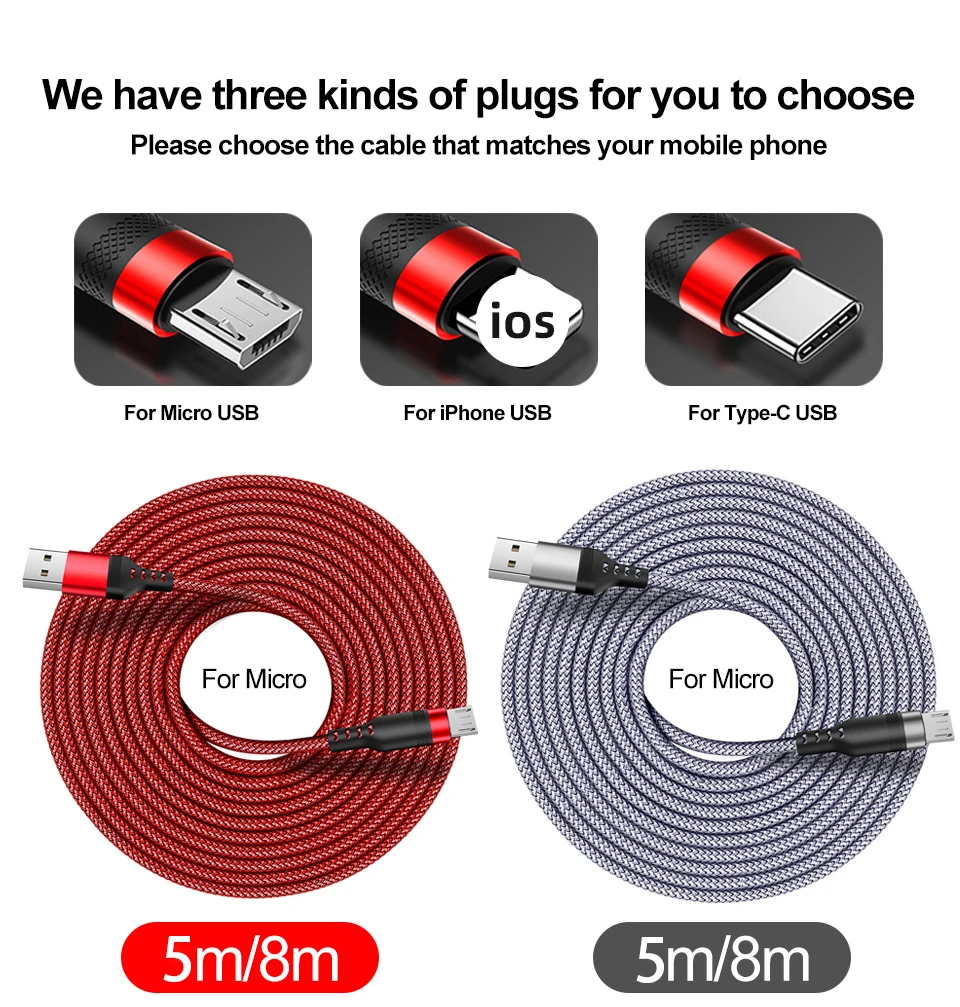 Long Fast Charging Cable Nylon Braided Tin Plated Copper For IOS/Android Phone Lightning/Type C/Micro USB Extra 5m/8m Cable data transfer cable