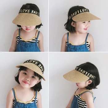 

Summer Baby Girl Visor Hat Empty Top Kids Beach Hat Straw Caps Fashion Love Letters Sun Cool Hat