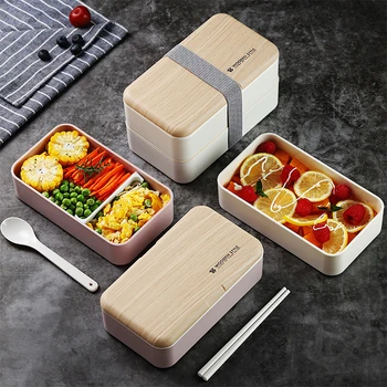 

Microwave Double Layer Lunch Box Wooden Bento Box Portable Picnic Food Salad Container Lunchbox For Students Workers Tableware