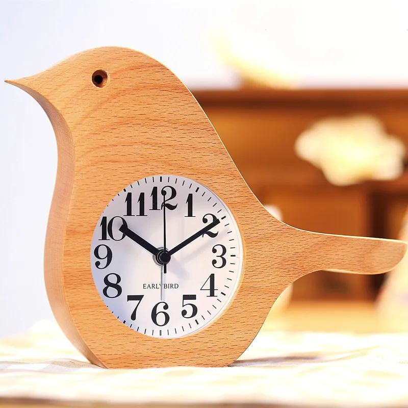 Wooden Bird Shape Alarm Clock Mute Student Personality Office Desktop Clock Fashion Modern Design Table Clock Home Decoration