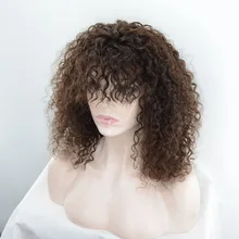 Remy Human Hair Lace Front Wig Hand-Tied Brazilian Hair Short afro Kinky curly Costume wig 150% Density with Bongs