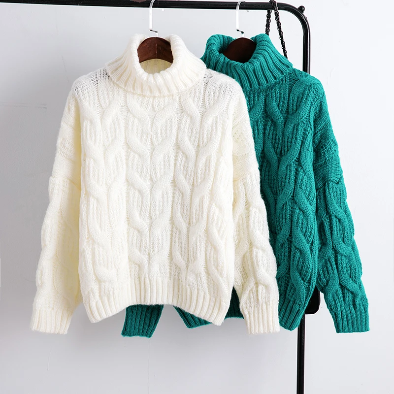 Женские свитера с высоким воротом, Зимняя мода, вязанные женские пуловеры, топы, женские пуловеры с длинным рукавом, свободные топы - Цвет: WHITE