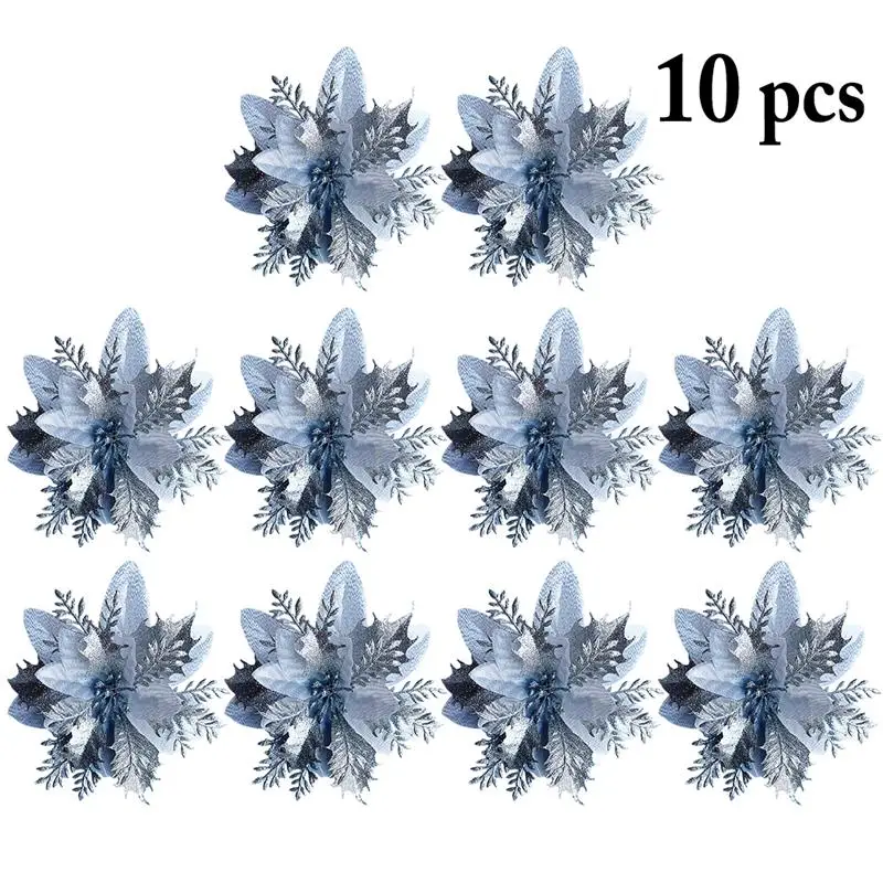 10pcs Artificial Flowers For Decoration Glitter Poinsettia Fake Flowers DIY Home Wedding Decoration Flower Head Christmas