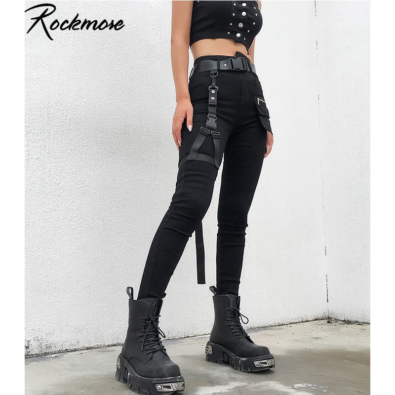 Baratos Rockmore Punk Cargo Pantalones mujer ajustado Moto y motociclista Streetwear Joggers pantalones de cintura alta pantalones ajustados pantalones de chándal mujer otoño