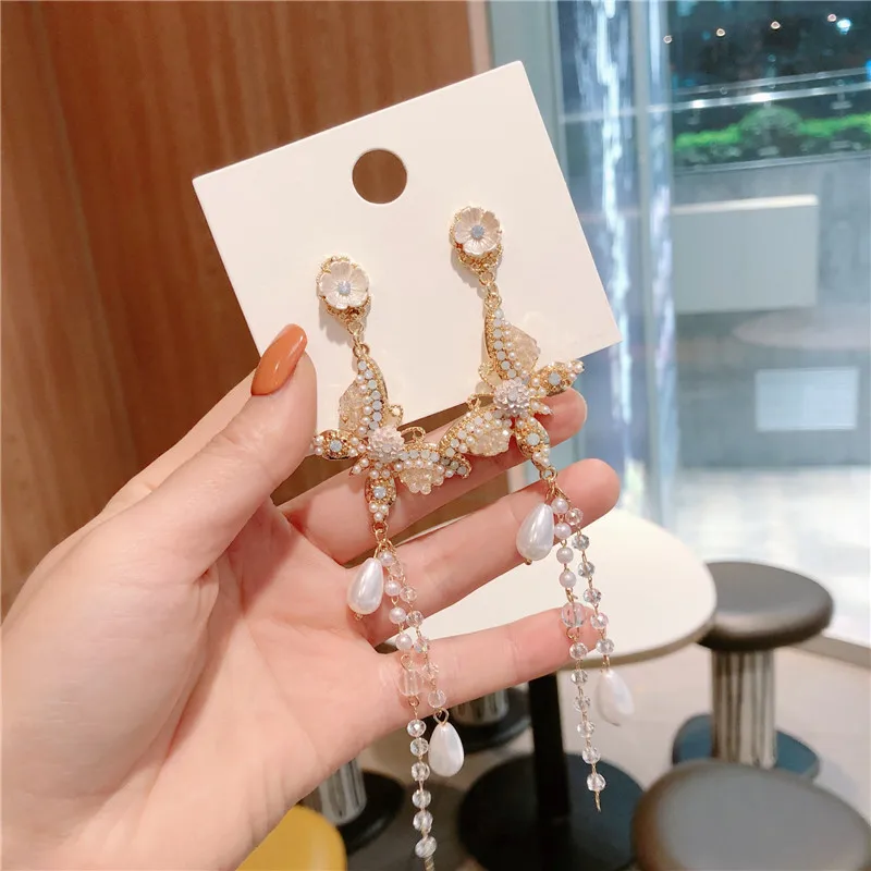 Korea Style Butterfly Crystal Imitation Pearl Tassel Long Spring Drop Earrings for Fashion Girl Women Accessories | Украшения и