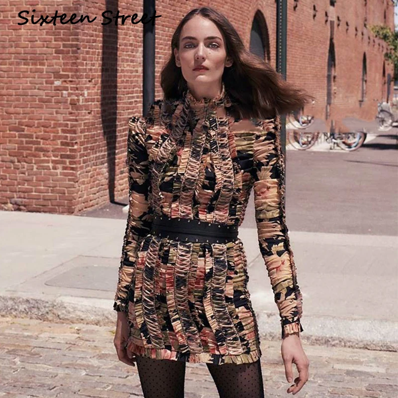 

Cross Strap Ruffle Printed Dress for Woman Long Sleeve Boho Sheath Slim Mini Party Dress Vintage Runway Dress 2019 Autumn New