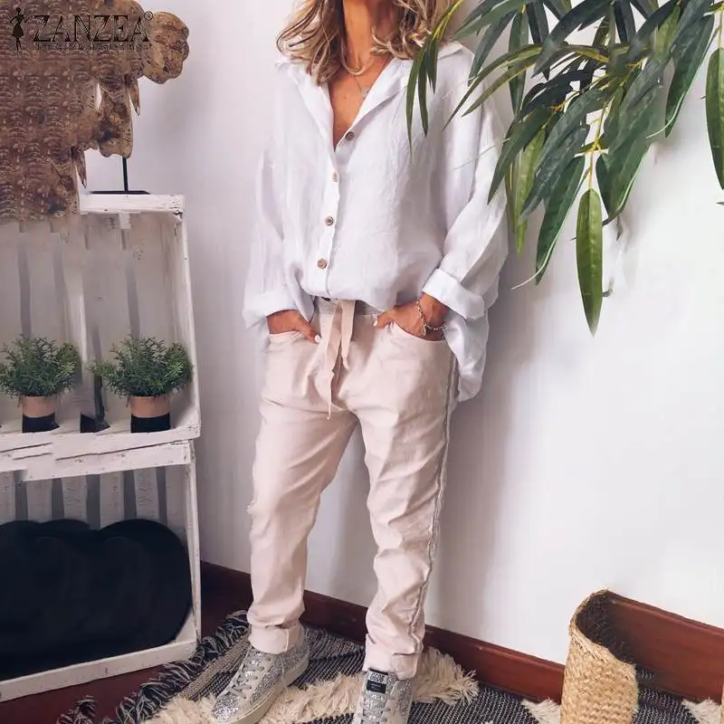 Cena Plus Size kobiety bluzka jesień z długim rękawem stałe tunikowe bluzki ZANZEA moda Lapel Neck przyciski koszula Femininas bawełna pościel Blusas