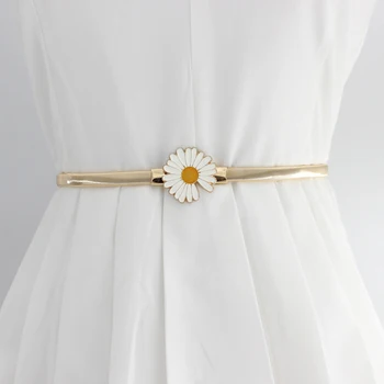 

Ladies Belt White Flowers Simple Pure Small Daisy Metal Fashion Decorative Dress Elastic Waist Chain