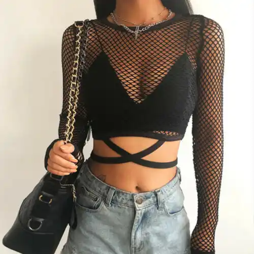 Lady Hollow T Shirt Fishnet Tee T Shirt O Neck Long Sleeve Cropped Top Black Transparent Slim Tee Tops Hot T Shirts Aliexpress